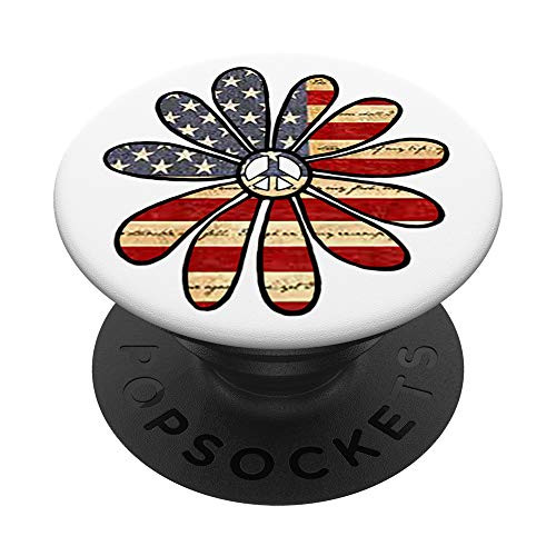 American Flag Hippie Flower with Peace Sign Center PopSockets Grip and Stand for Phones and Tablets