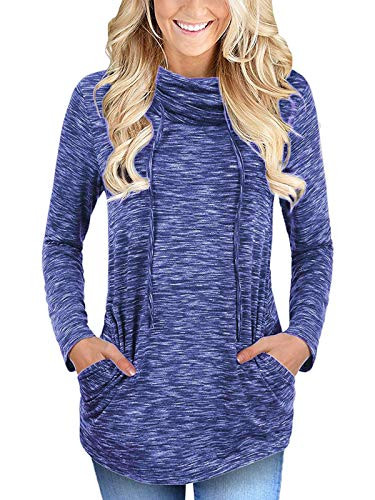 MISSLOOK Womens Cowl Neck Tops Long Sleeve Tunic Drawstring Blouse Pullover Sweatshirt with Kangaroo Pockets - Blue S