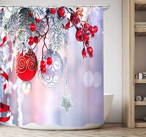 Get Orange Christmas Shower Curtain Red Balls Christmas Ornaments Snow and Christmas Tree Waterproof Polyester Fabric Bathroom Shower Curtain with Hooks 72X72 Inches