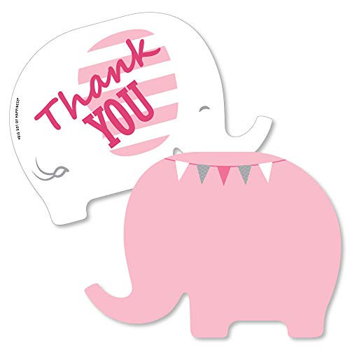 Pink Elephant - Shaped Thank You Cards - Girl Baby Shower or Birthday Party Thank You Note Cards with Envelopes - Set of 12