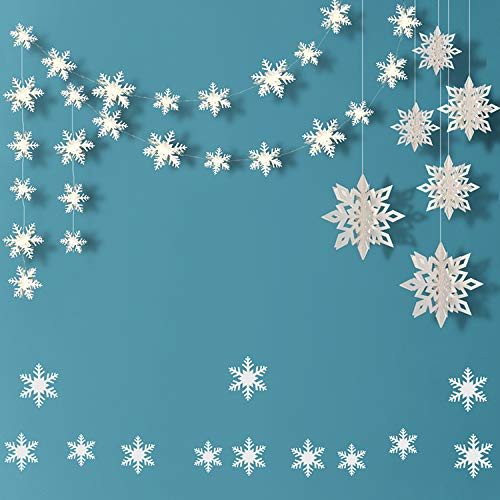 Winter Themed Party Decorations Paper Snowflake Garland   3D Large Snowflake Hanging Ornaments   Snowflake Sticker Value Kit Christmas Hanging Decor WeddingBirthdayFrozen Party Favor White