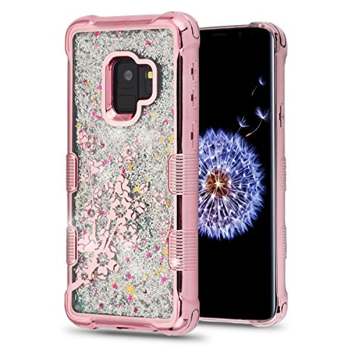 MyBat Cell Phone Case Samsung Galaxy S9 - Rose Gold Spring Flowers/Silver Sparkles