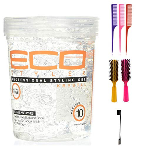 Eco Style Professional Styling Gel Krystal 32 oz Including Double Sided Edge Control Hair Brush 3 Piece Rat Tail Hair Comb Set   2 pc Colorful Handle Nylon Bristles Brushes