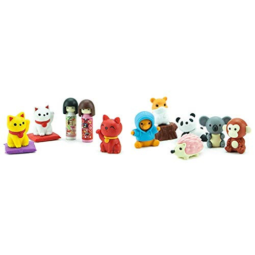 Japanese Iwako Maneki Neko   Kokeshi Eraser Set Bundle with Iwako Japanese Kawaii Animal Eraser Set