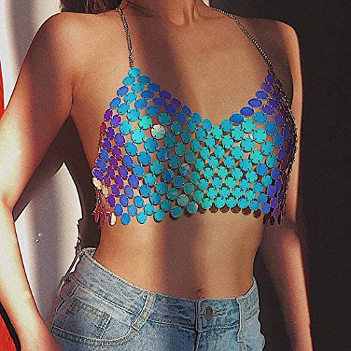 Acedre Blue Sequins Body Chain Beach Bra Chains Nightclub Rave Harness Chest Chains Fashion Body Jewelry Accessory for Women and Girls