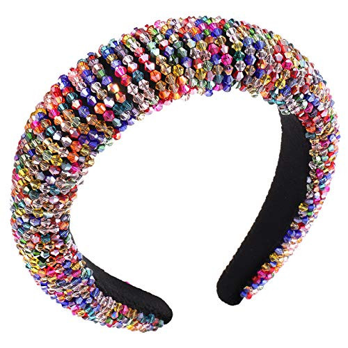 CENAPOG Rhinestone Headband Bejewelled Glass Crystal  Bead Embellished Padded Headband Hairband Colorful Sparkly Party Headdress for Women Girls black