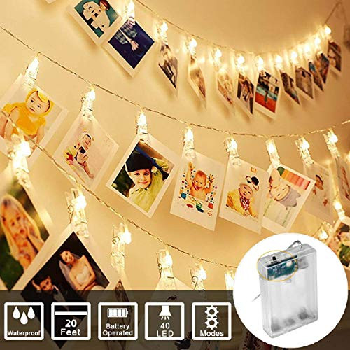 Photo Clip String Lights with Battery Operated Indoor Fairy String Lights for Hanging Photos Pictures Christmas Cards, Photo Clip Holders in Kids Bedroom Birthday Wedding Christmas Party(20Feet 40Led)