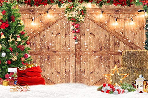 DePhoto Christmas Rustic Barn Wood Door Backdrop for Photography Xmas Tree Snow Gift Party Banner Photo Background Family Holiday Supplies Decor Studio Prop PGT593A 7x5ft