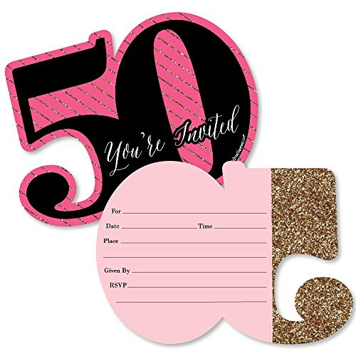 Chic 50th Birthday - Pink, Black and Gold - Shaped Fill-in Invitations - Birthday Party Invitation Cards with Envelopes - Set of 12
