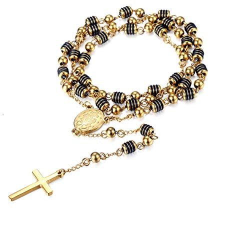 Blowin Gold Back Stainless Steel Rubber Jesus Christ Catholic Crucifix Cross Rosary Beads Pendant Pray Necklace for Men Women 26 inch Chain Blowin Gold Back Stainless Steel Rubber Jesus Christ Catholic Crucifix Cross Rosary Beads Pendant Pray Necklace for Men Women 26 inch Chain