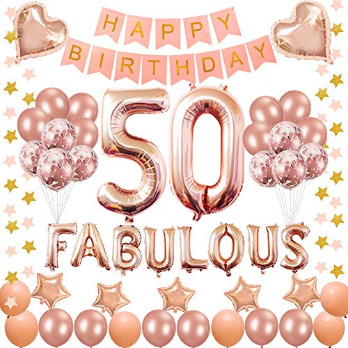 Succris 50TH Birthday Decorations - for 50 Years Old Birthday Party Supplies pink Happy Birthday Banner Rose Gold Confetti balloons Number 50 Star balloons and fabulous rose gold