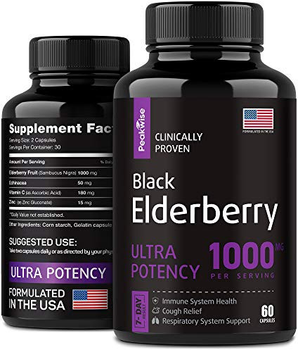 Black Elderberry Capsules - Sambucus Elderberry Immunity System Support with Vitamin C - Natural Antioxidant   Bioflavonoid Immunity Support - Formulated in USA - 60 Capsules