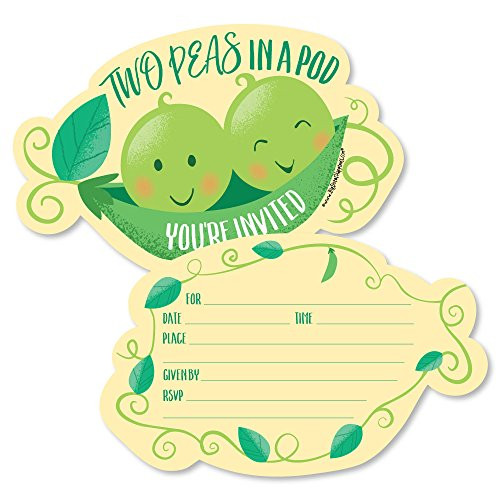Double The Fun - Twins Two Peas in a Pod - Shaped Fill-in Invitations - Baby Shower or First Birthday Party Invitation Cards with Envelopes - Set of 12
