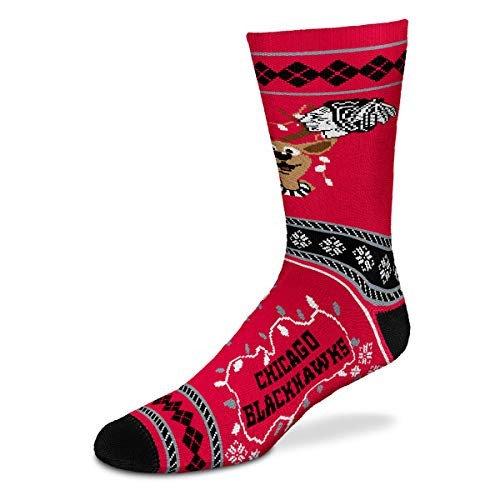 For Bare Feet Mens NHL Ugly Christmas Sweater Stripe Holiday Crew Socks-Chicago Blackhawks-Medium