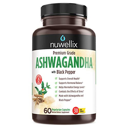 Nuwellix Ashwagandha Capsules with Black Pepper Extract - 1300mg Natural Ashwagandha Supplement Supports Anxiety and Stress Relief - Promotes Energy Level - 60 Vegetarian Capsules