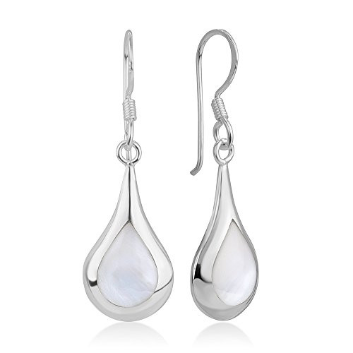 925 Sterling Silver Natural White Mother of Pearl Shell Inlay Puffed Teardrop Dangle Hook Earrings