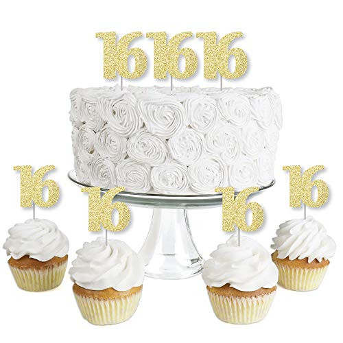 Gold Glitter 16 - No-Mess Real Gold Glitter Dessert Cupcake Toppers - 16th Birthday Party Clear Treat Picks - Set of 24