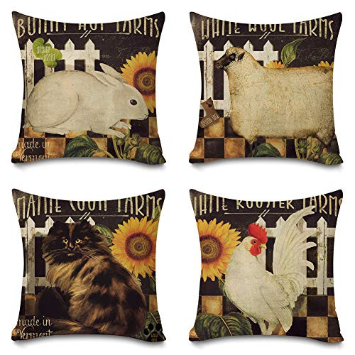 Faromily Farm Animals Throw Pillow Covers Vintage Cat Sheep Rooster Rabbit Farm Fresh Sunflowers Farmhouse Decorative Home Decor Cushion Covers Pillow Cases Cotton Linen 18 x 18 inch Set of 4