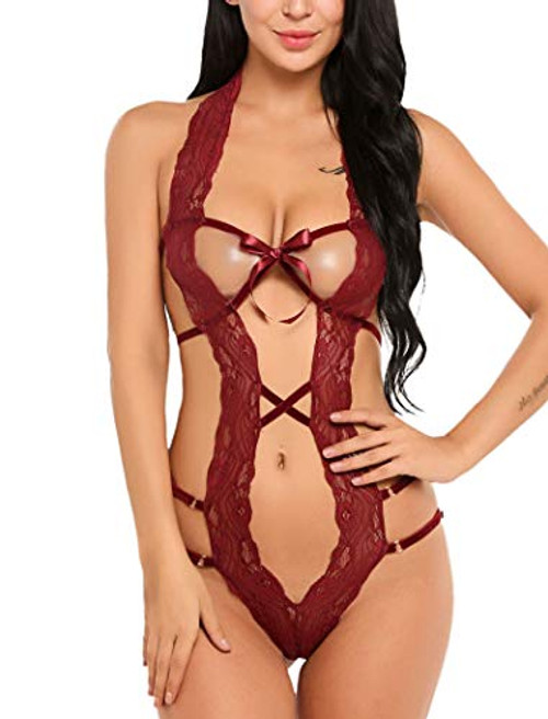 Avidlove Women Deep V Halter Lingerie Teddy One Piece Bodysuit Lace Babydoll Dark Red M Avidlove Women Deep V Halter Lingerie Teddy One Piece Bodysuit Lace Babydoll Dark Red M