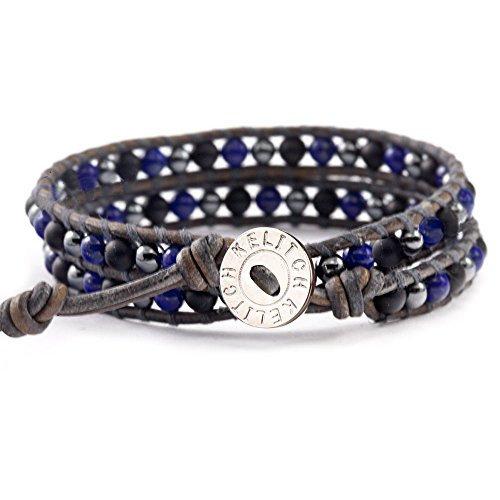KELITCH Double Wrap Bracelet Braided Synthetic-Lapis-Lazuli Beads Bracelets on Gray Leather