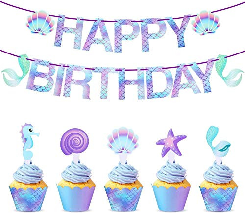 Mermaid Party Supplies - Mermaid Happy Birthday Banner And Baby Shower or Birthday Party Mermaid Cupcake Toppers Mermaid Cupcake Wrappers - 25 Pcs