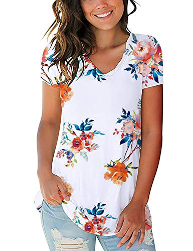 Floral T Shirts for Women Short Sleeve V-Neck Loose Casual Basic Tee Tops