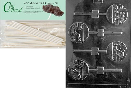 Cybrtrayd 45St50-S036 Tennis Lolly Sports Chocolate Candy Mold with 50-Pack 4.5-Inch Lollipop Sticks