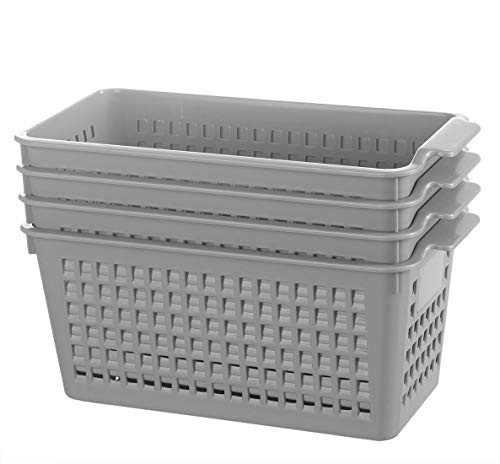 Plastic Storage Basket - 4 Pack Plastic Storage Basket Tray Gray Stackable Plastic Weave Basket Organizing Baskets for Home Bathroom Kitchen or Office Desktop