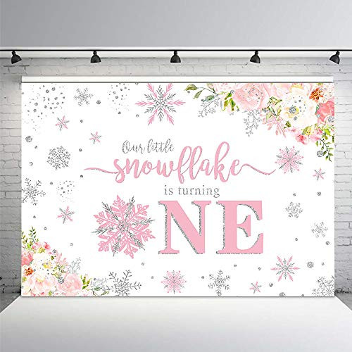 MEHOFOND Girl Snowflake One Birthday Photography Backdrop Props Little Snowflake Happy First 1st Birthday Pink Floral Silver Winter Onederland Party Decoration Photo Studio Background Banner 7x5ft