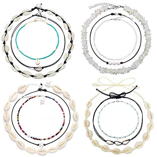Jewdreamer 12PCS Bohemian Pearl Shell VSCO Choker Necklaces for Women Natural Handmade Hawaii Beads Sea Shell Puka Cowrie Wakiki Beach Choker Necklace Jewelry Set