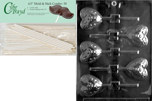 Cybrtrayd 45St50-V128 Heart Pop with Cherub Valentine Chocolate Candy Mold with 50 4.5-Inch Lollipop Sticks