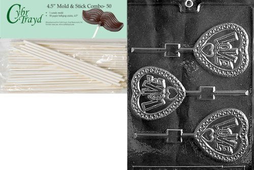 Cybrtrayd 45St50-V127 Love Heart Pop Valentine Chocolate Candy Mold with 50 4.5-Inch Lollipop Sticks