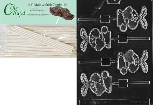 Cybrtrayd Bunny with Heart Lolly Easter Chocolate Candy Mold with 50 4.5-Inch Lollipop Sticks