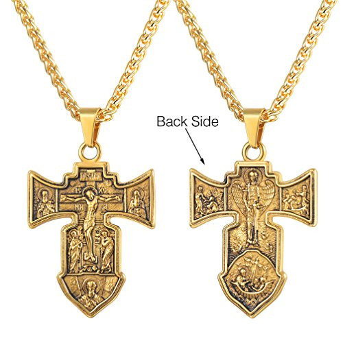 Vintage Russian Russian Orthodox Cross Necklace Men Women Religious Jewelry 18K Gold Plated Chain Jesus Christ Piece Crucifix Pendant with Chain 22