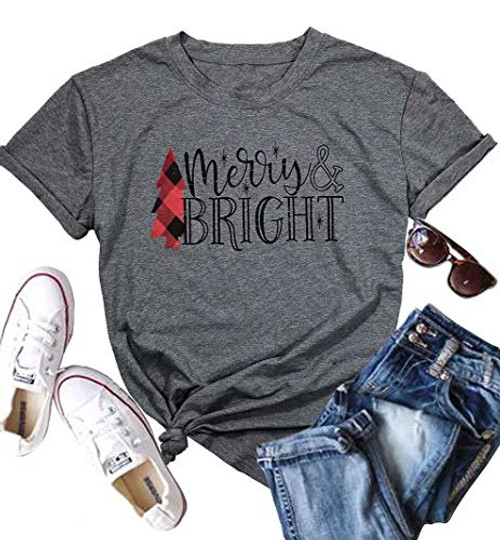 JINTING Short Sleeve Christmas Shirts for Women Merry and Bright Shirt Letter Print Christmas Graphic Tee Shirts Tops Grey JINTING Short Sleeve Christmas Shirts for Women Merry and Bright Shirt Letter Print Christmas Graphic Tee Shirts Tops Grey