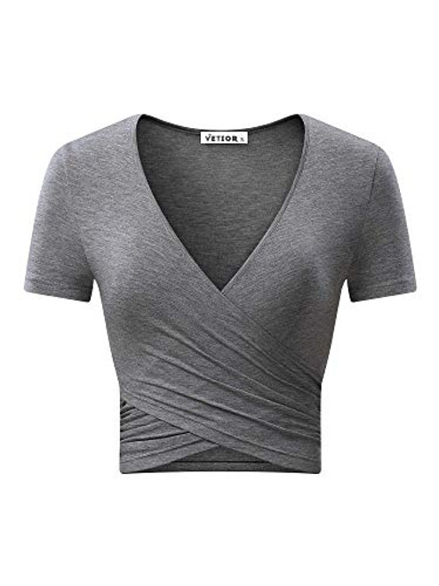 VETIOR Womens Deep V Neck Short Sleeve Unique Cross Wrap Slim Fit Crop Tops X-Large Light Gray_