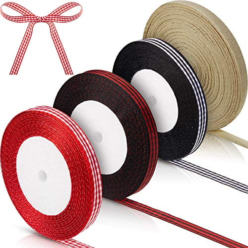 100 Yards Gingham Ribbon Plaid Craft Ribbon Christmas Cake Gift Wrapping Ribbon Checkered Pattern Ribbon for Hair Accessories Craft Christmas Gift Decoration 4 Rolls and 4 Colors
