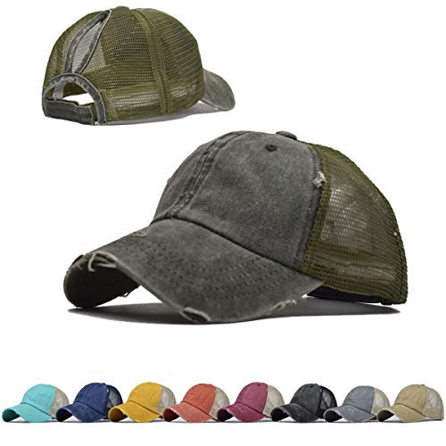Vintage Ponytail Top Hats for Women Baseball Caps High Messy Bun Hat Ponycaps Adjustable Baseball Cap Mesh Back Trucker Hat Olive