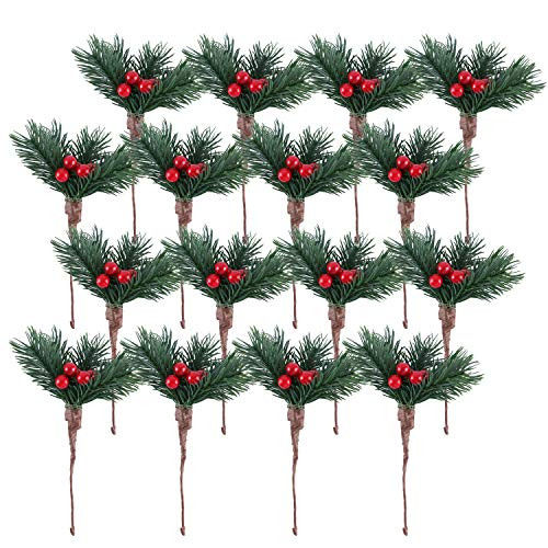 Fashionclubs Artificial Pine Picks 16pcs Christmas Pine Picks Fake Red Berry Wreath Picks Artificial Pine Branches Winter Berries Holly Spray Wire Stems for Christmas Crafts Holiday Decorations