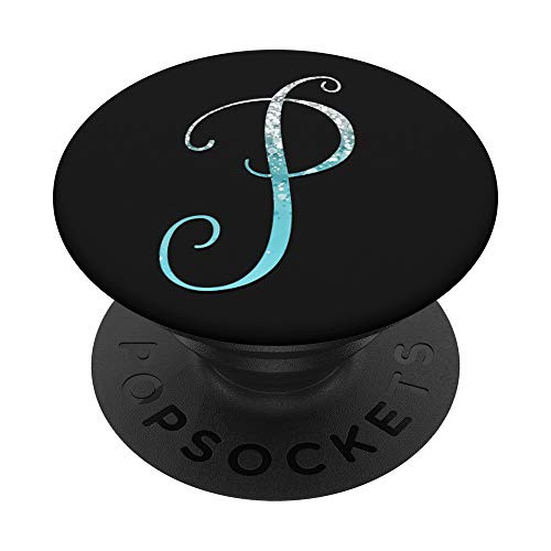Silver Light Blue Letter P Monogram On Black PopSockets PopGrip Swappable Grip for Phones   Tablets