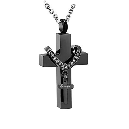 MEMORIALU Black Cross Urn Necklaces for Ashes Cremation Crucifix Keepsake Memorial Pendant Necklace Grandpa