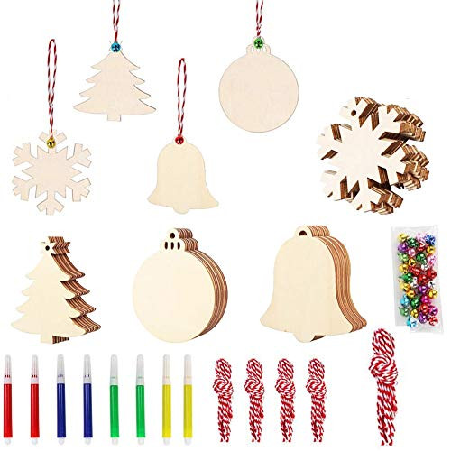 40Pcs DIY Wooden Christmas Ornaments for Kids Christmas Craft Unfinished Wood Slices with Hole for Christmas Tree Hanging Decorations Wood Slices for Kids Paint