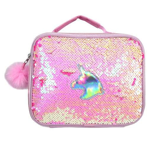UPD Pink Iridescent Double Sided Sequin Rectangle Lunch Bag with Unicorn Patch & Fur Ball Dangle, Multicolor UPD Pink Iridescent Double Sided Sequin Rectangle Lunch Bag with Unicorn Patch & Fur Ball Dangle, Multicolor
