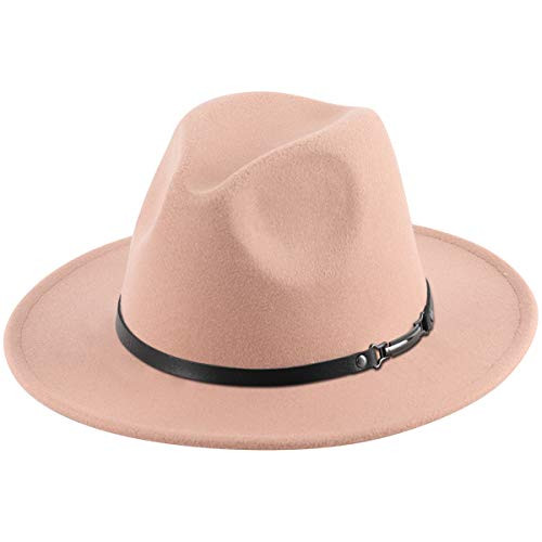 Lanzom Women Lady Retro Wide Brim Floppy Panama Hat Belt Buckle Wool Fedora Hat Z Belt-Camel One Size