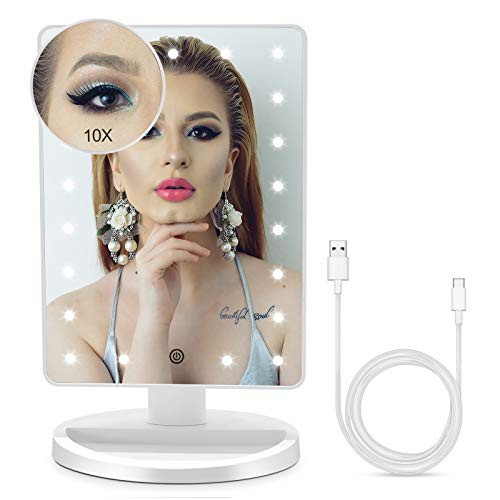 Makeup Vanity Mirror with 21 Led Lights Lighted Makeup Mirror with Detachable 10X Magnification Dual Power Supply Touch Screen Light Adjustable Dimmable Cosmetic Desk Table Mirror White
