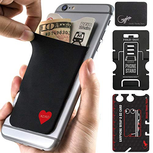 Phone Wallet - Adhesive Card Holder - Cell Phone Pouch - Stick on Lycra Pocket by Gecko - Carry Credit Cards and Cash - Heart