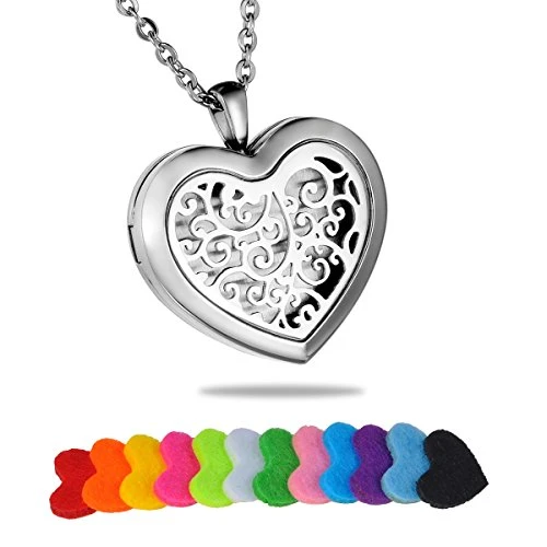 HooAMI Aromatherapy Essential Oil Diffuser Necklace - Stainless Steel Retro Filigree Heart Locket Pendant