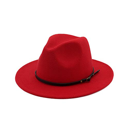HUDANHUWEI Womens Classic Wide Brim Fedora Hat with Belt Buckle Felt Panama Hat Red