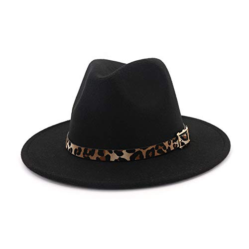 HUDANHUWEI Womens Wide Brim Felt Fedora Panama Hat with Leopard Belt Buckle Black