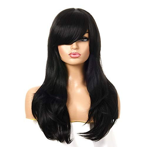 GORWAVCI 23 Long Wigs Heat Resistant Curly Wavy Synthetic Hair With Bangs?Womens Cosplay Halloween Costume Party Wig?Black?